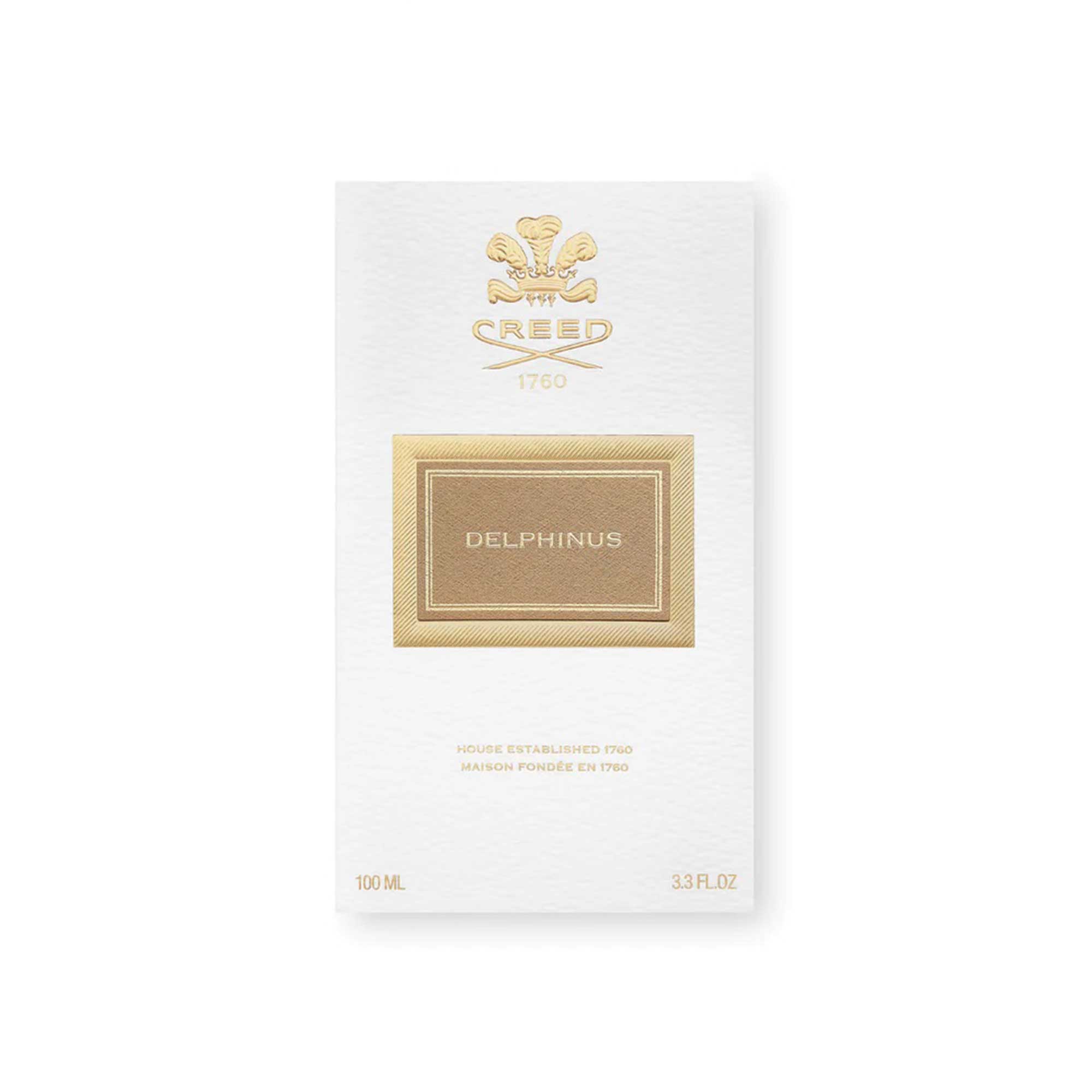 100ml Creed Delphinus for men perfume box with elegant gold and white packaging design