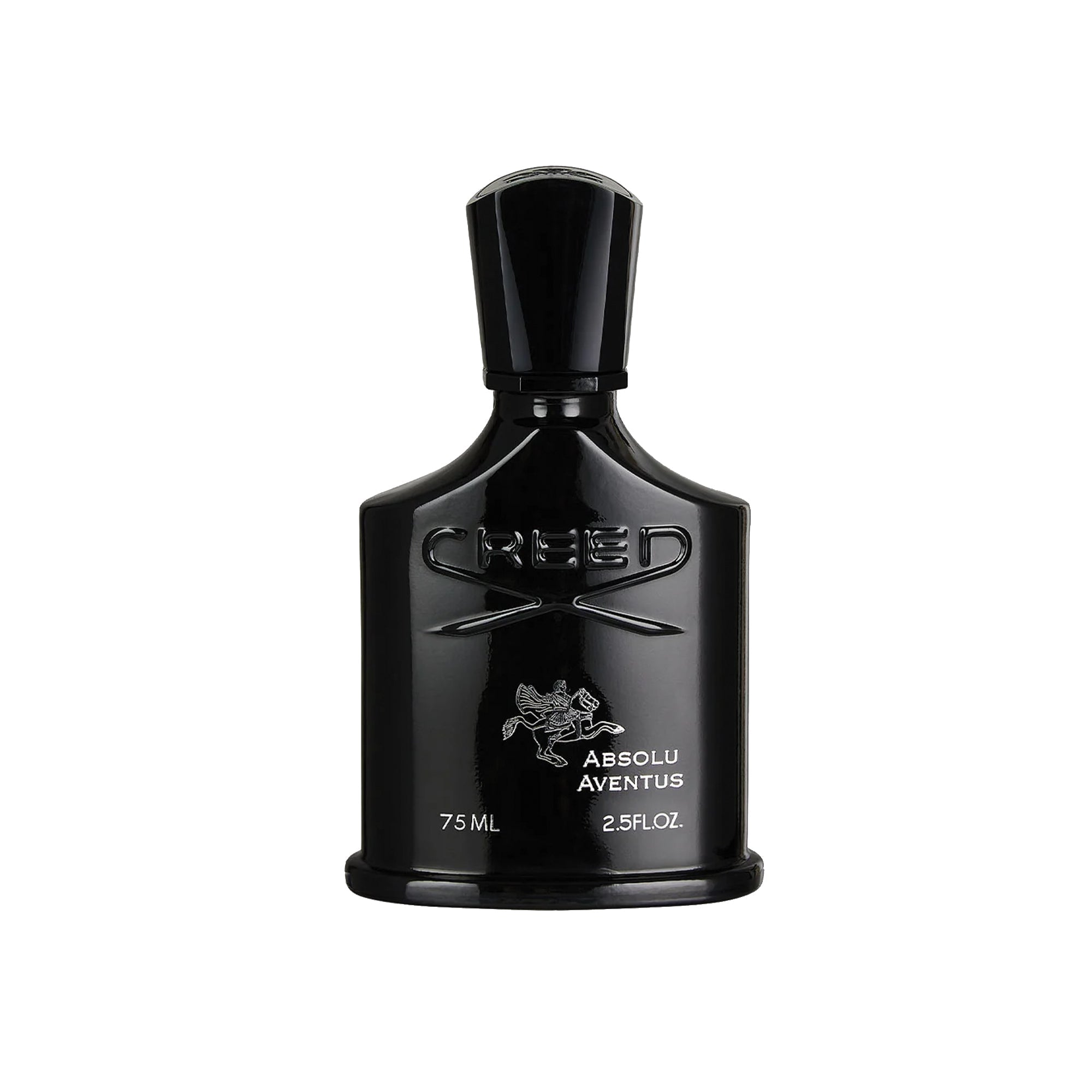 Creed Absolu Aventus 75ml black perfume bottle with embossed logo and horse design