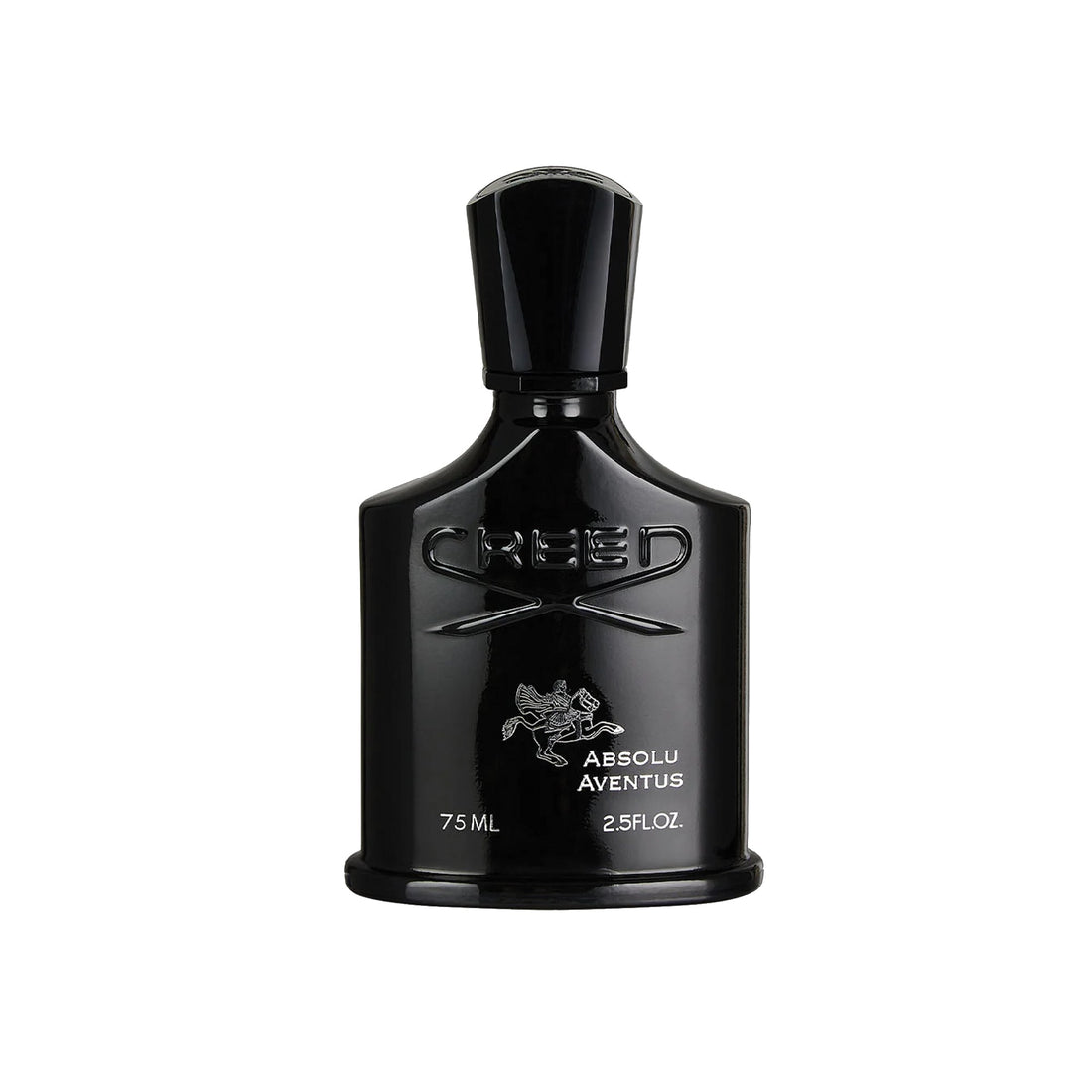 Creed Absolu Aventus 75ml black perfume bottle with embossed logo and horse design