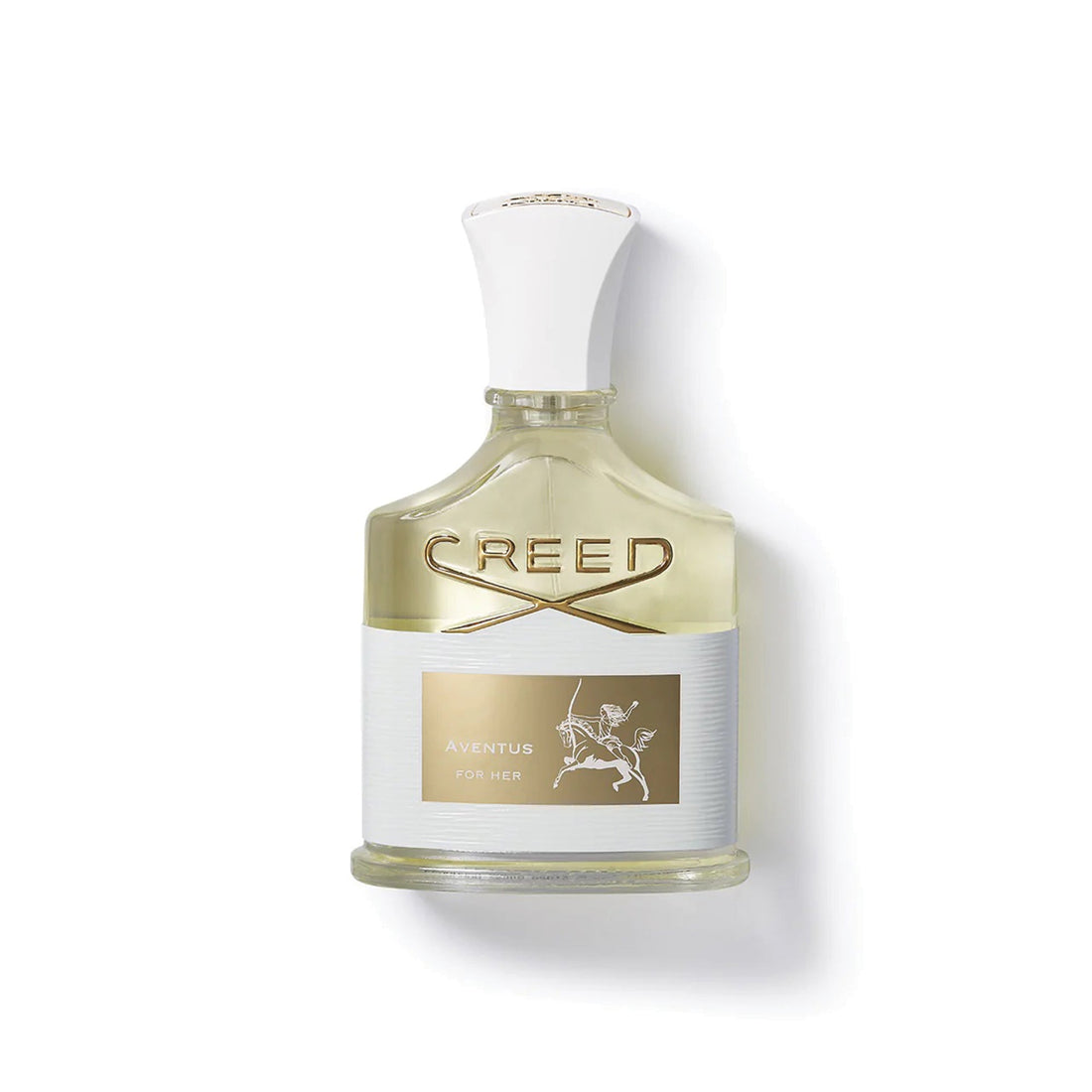 Creed Aventus for Her 75ml perfume bottle with white cap and gold label on clear glass