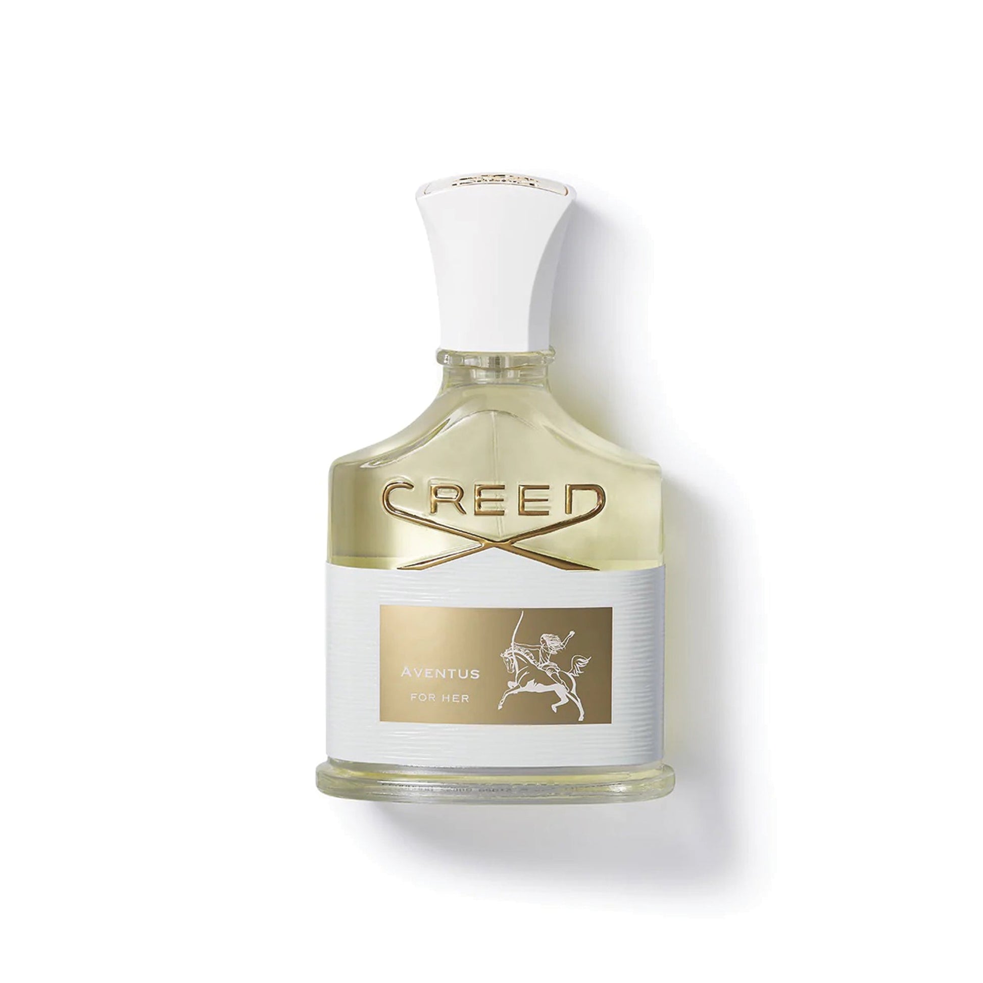Creed Aventus for Her 75ml perfume bottle with white cap and gold label on clear glass