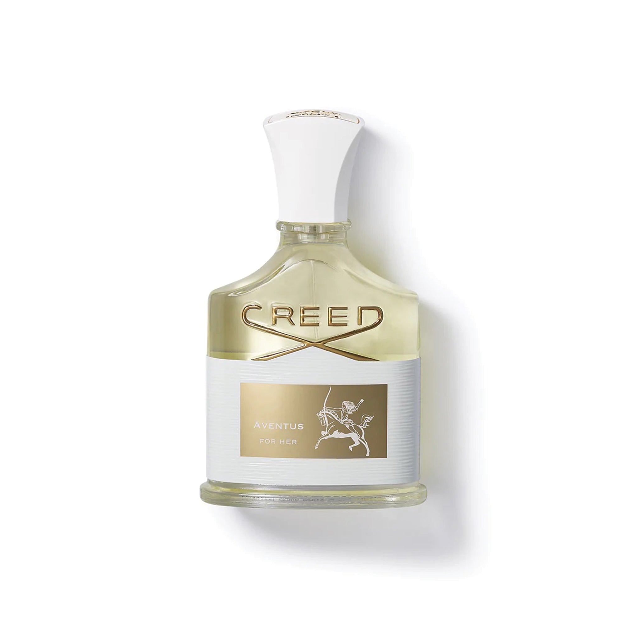 Creed Aventus for Her 75ml perfume bottle with white cap and gold label on clear glass