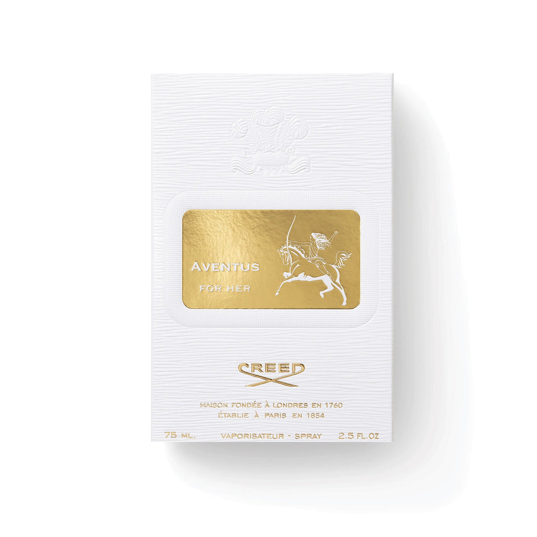 Creed Aventus for Her 75ml perfume bottle with white cap and gold label on clear glass