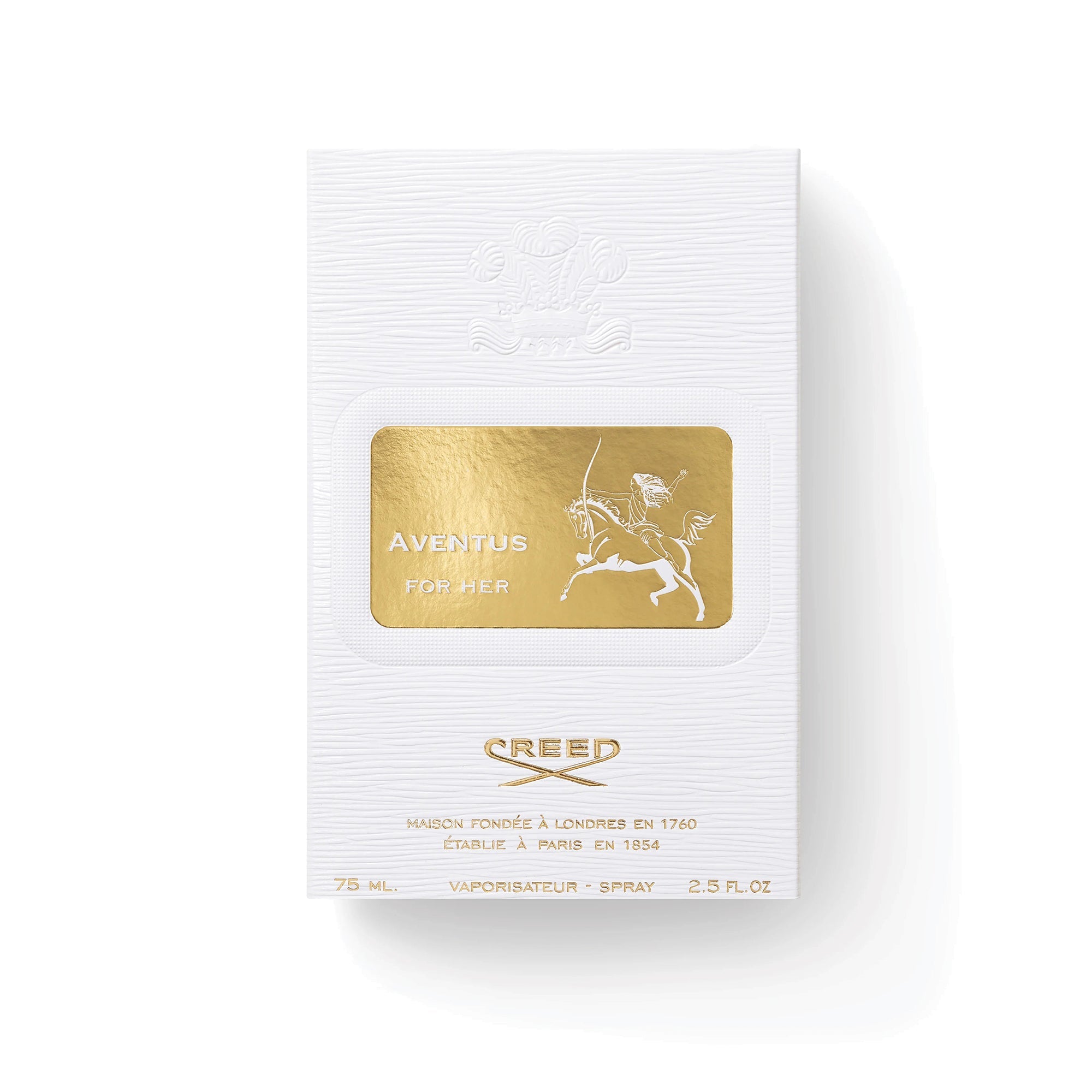 Creed Aventus for Her 75ml perfume bottle in white packaging with gold label and embossed logo