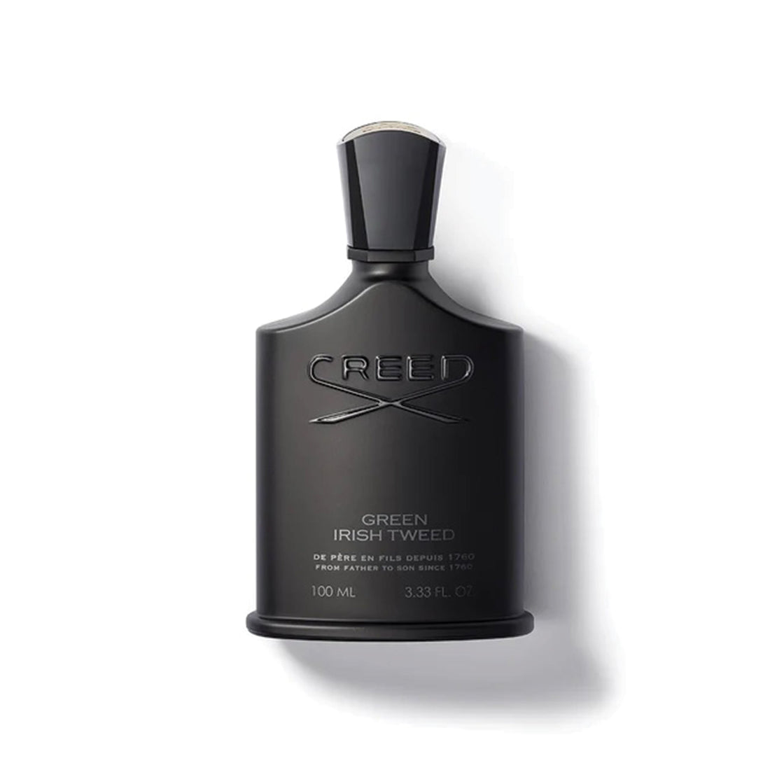 Creed Green Irish Tweed 100ml perfume bottle in sleek black design with embossed logo and cap
