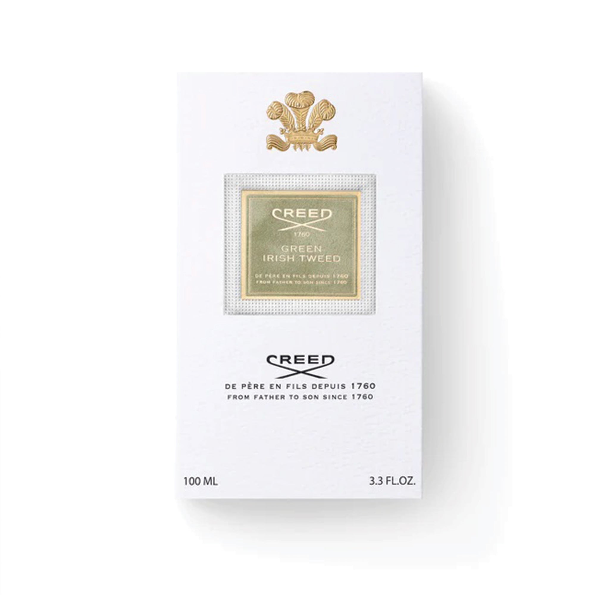 Creed Green Irish Tweed 100ml perfume box with gold and white elegant packaging