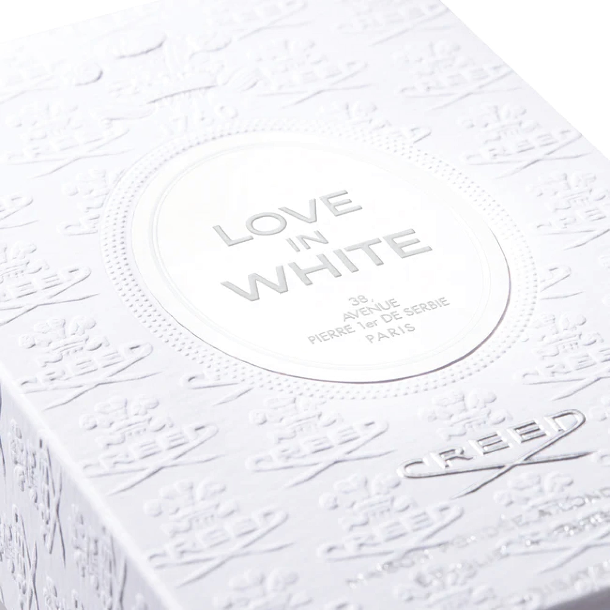 Creed Love In White 75ml for sale luxury perfume box with embossed white design and silver lettering