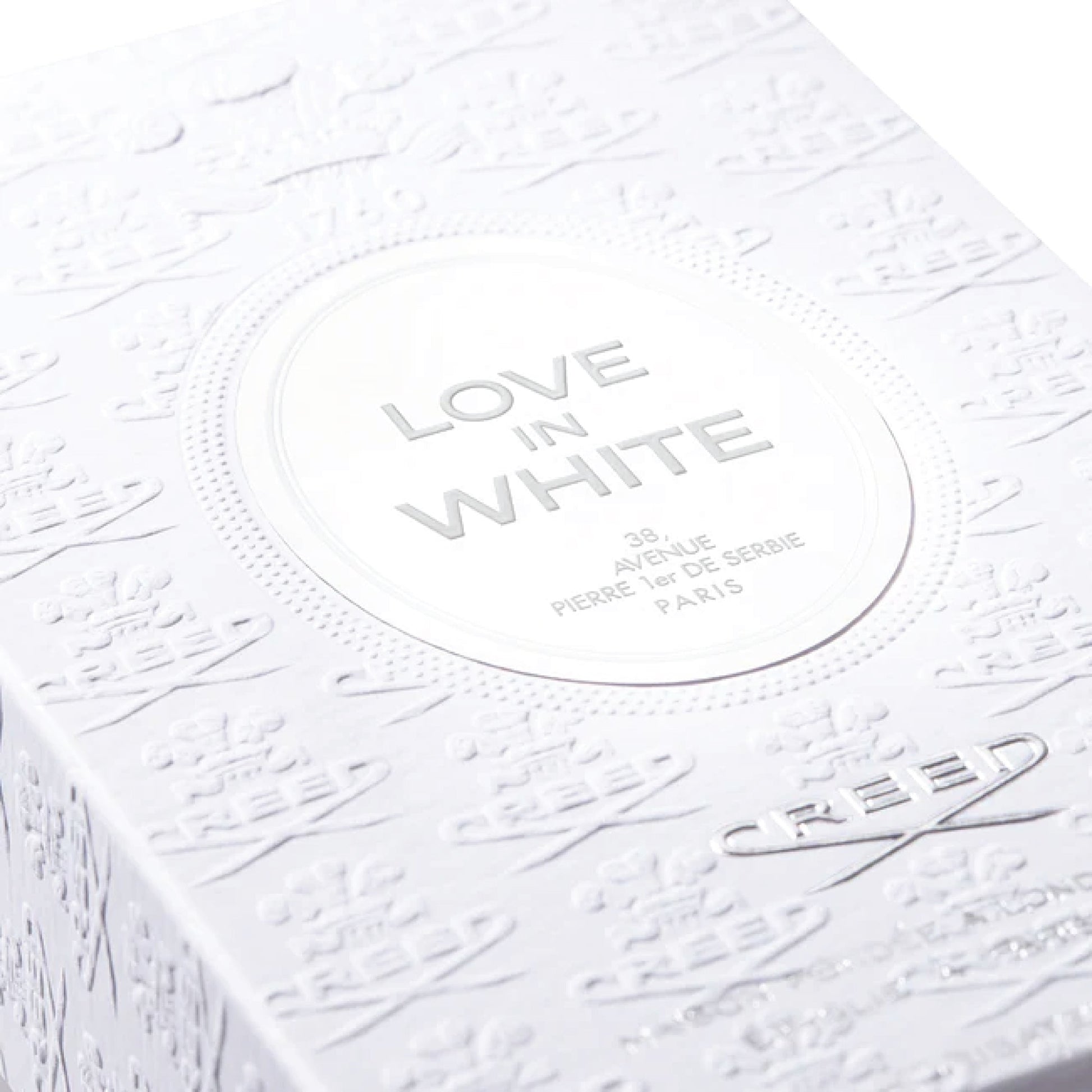 Creed Love In White 75ml for sale luxury perfume box with embossed white design and silver lettering