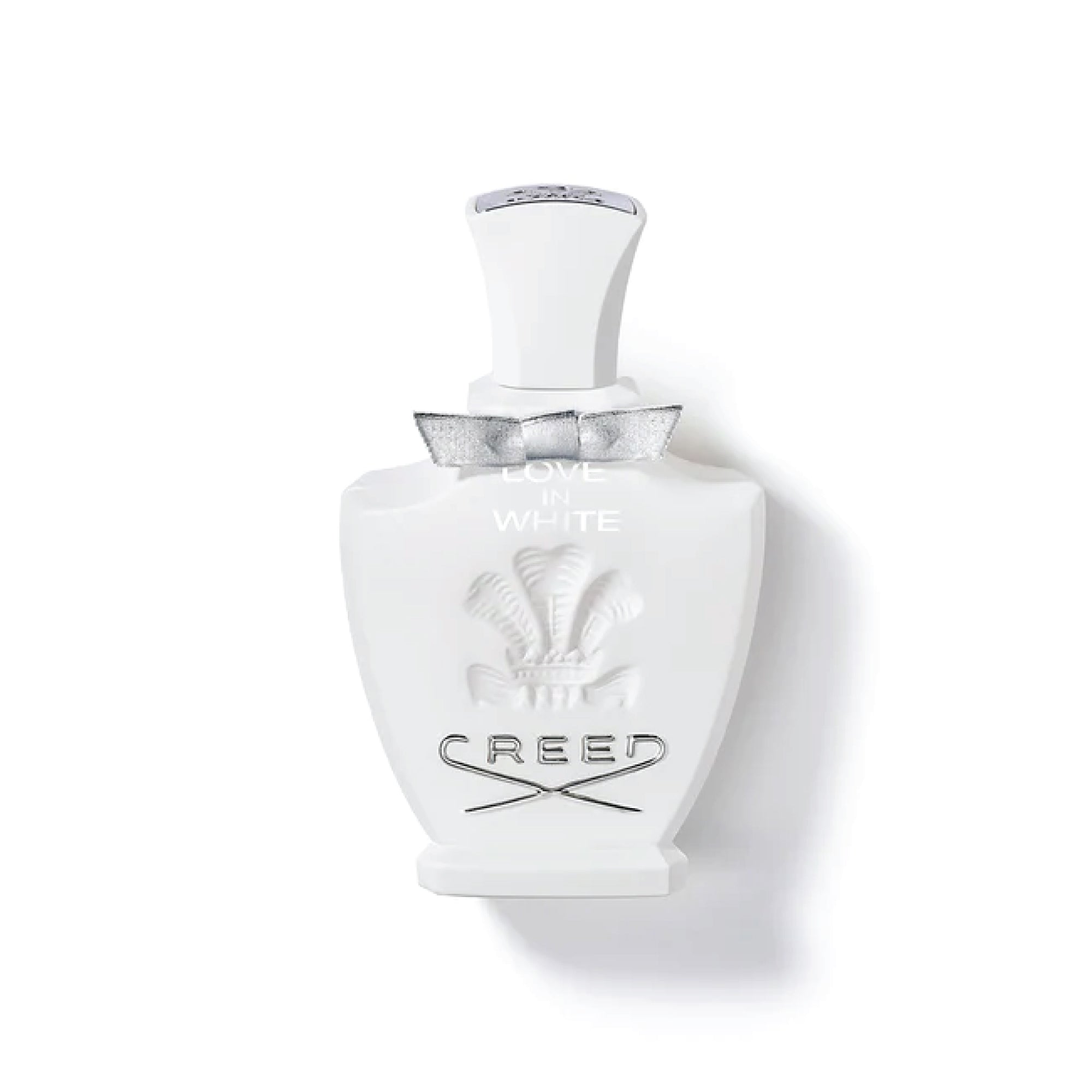 Creed Love In White 75ml for sale white perfume bottle with silver bow and embossed logo