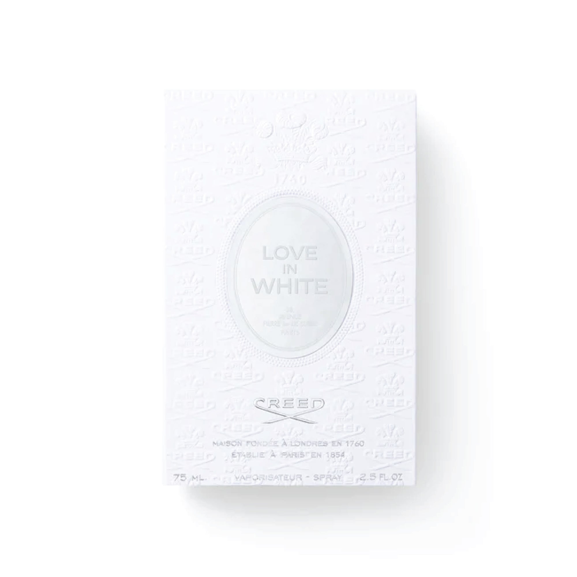 Creed Love In White 75ml for sale perfume box with embossed white packaging and elegant design