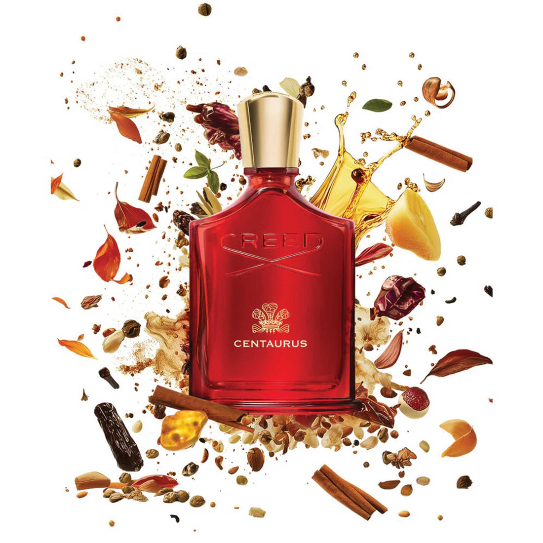 Creed Millesime Centaurus 100ml perfume bottle with gold cap and red reflective background