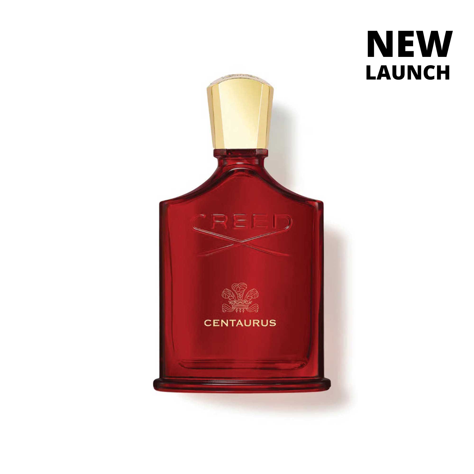 Creed Millesime Centaurus 100ml perfume bottle in red with gold cap and new launch text
