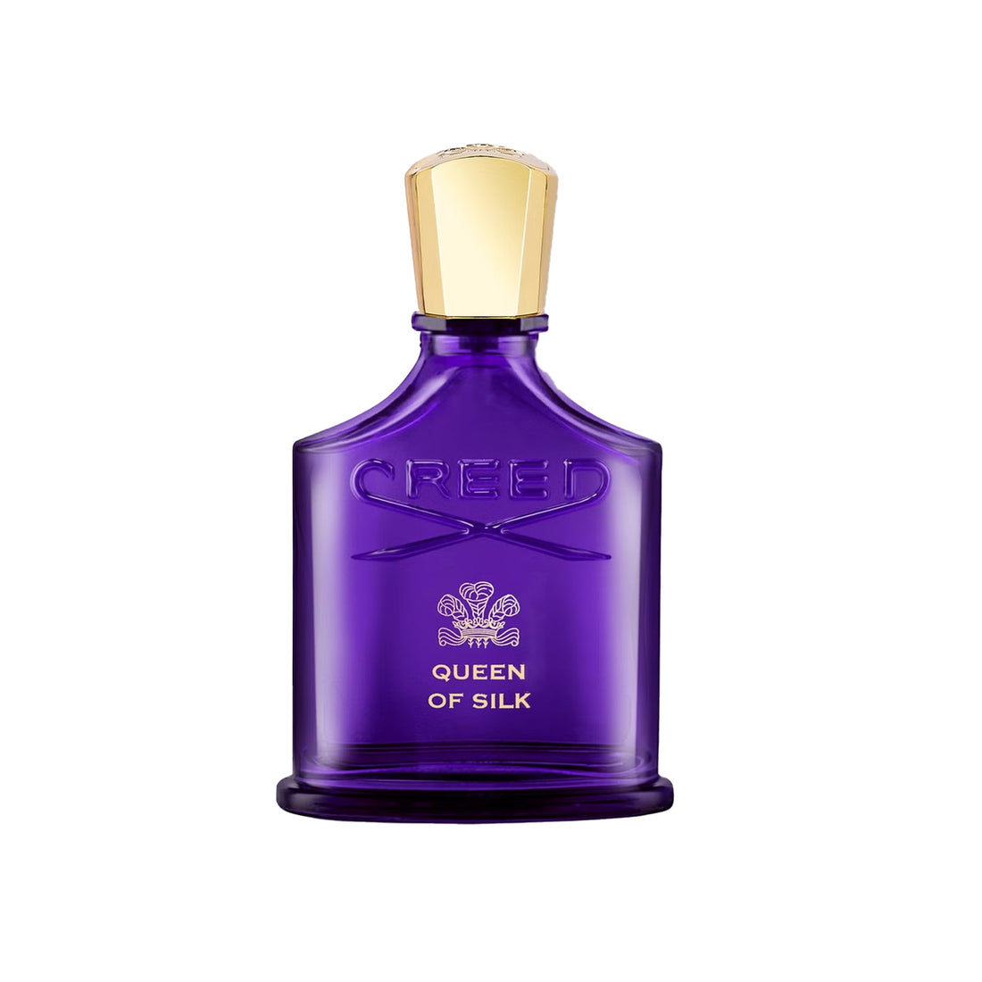 Creed Queen of Silk perfume 75ml in a purple glass bottle with gold cap on purple background