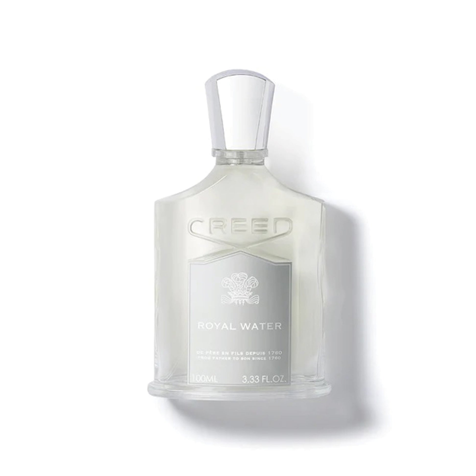 Creed Royal Water 100ml perfume bottle with clear glass and silver cap luxury fragrance