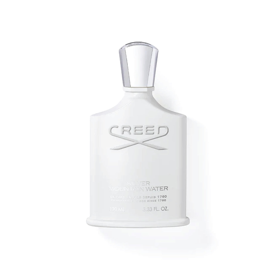 Creed Silver Mountain Water 100ml perfume bottle with white design and silver cap