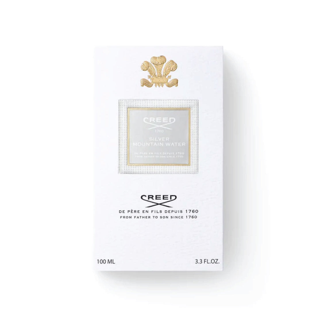 Creed Silver Mountain Water 100ml perfume bottle with white design and silver cap