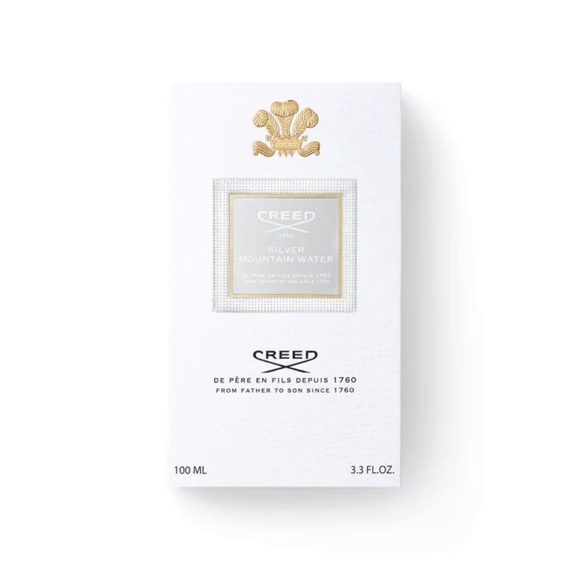 Creed Silver Mountain Water 100ml perfume white box with gold emblem and text
