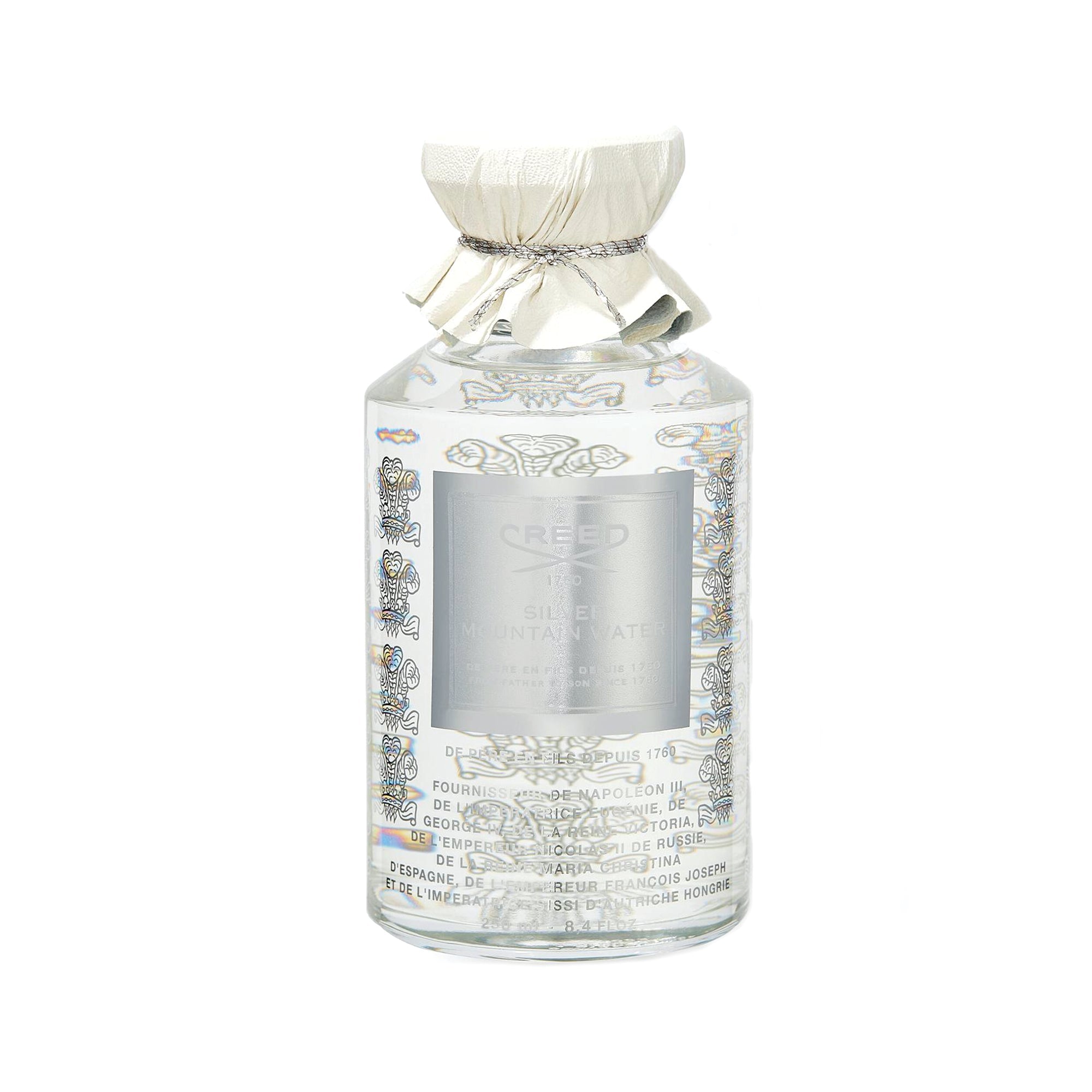 Creed Silver Mountain Water 250ml perfume bottle with silver label and decorative paper cap