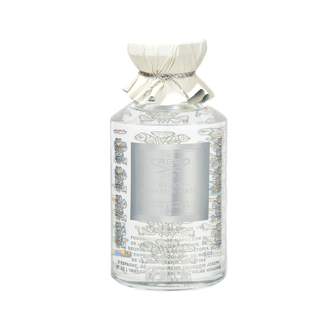 Creed Silver Mountain Water 250ml perfume bottle with silver label and decorative paper cap