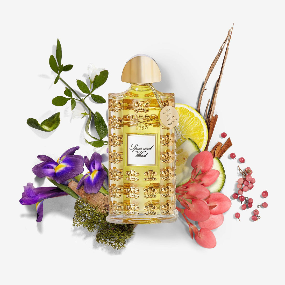 Creed Spice and Wood perfume 75ml in decorative golden bottle with embossed design and cap