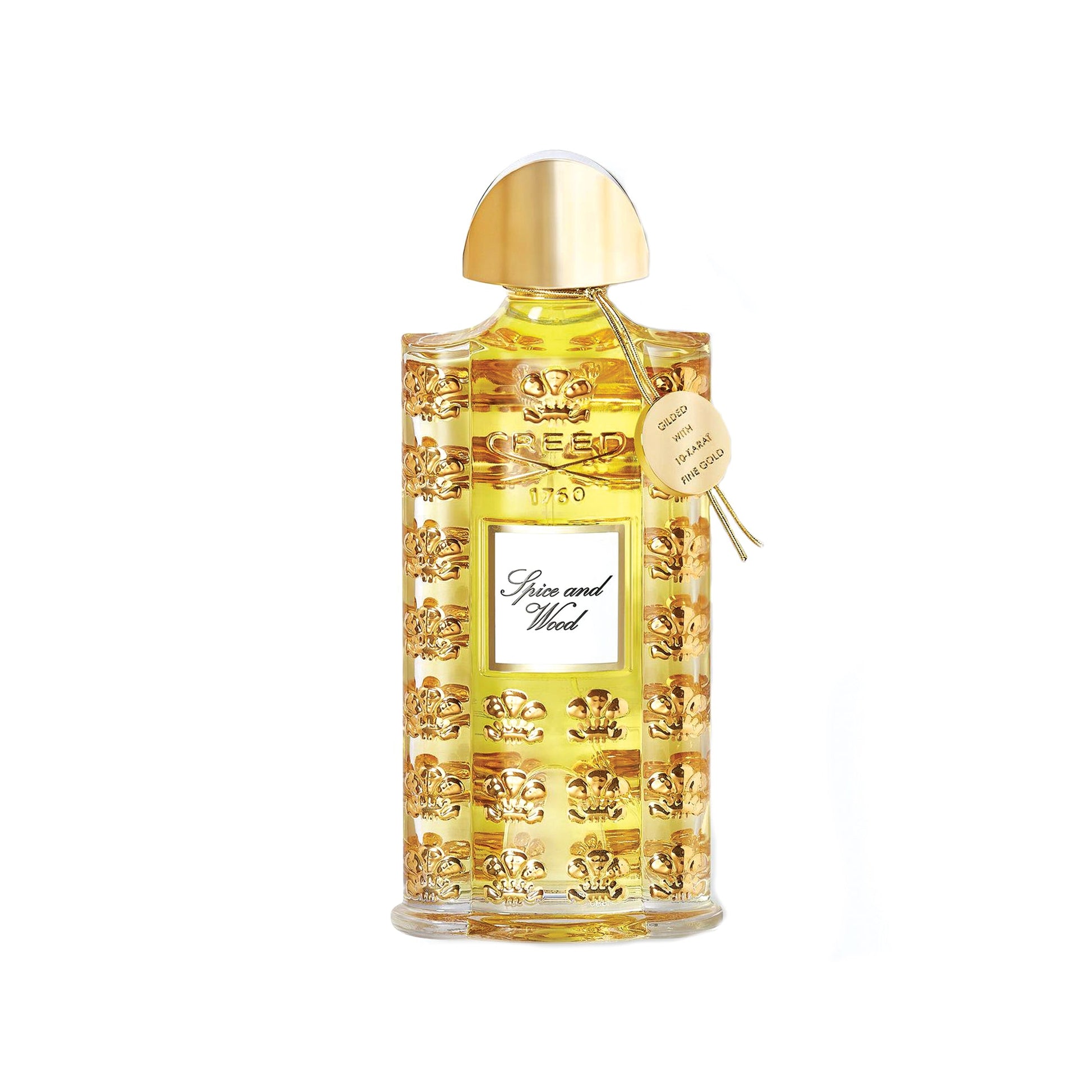 Creed Spice and Wood perfume 75ml in decorative golden bottle with embossed design and cap