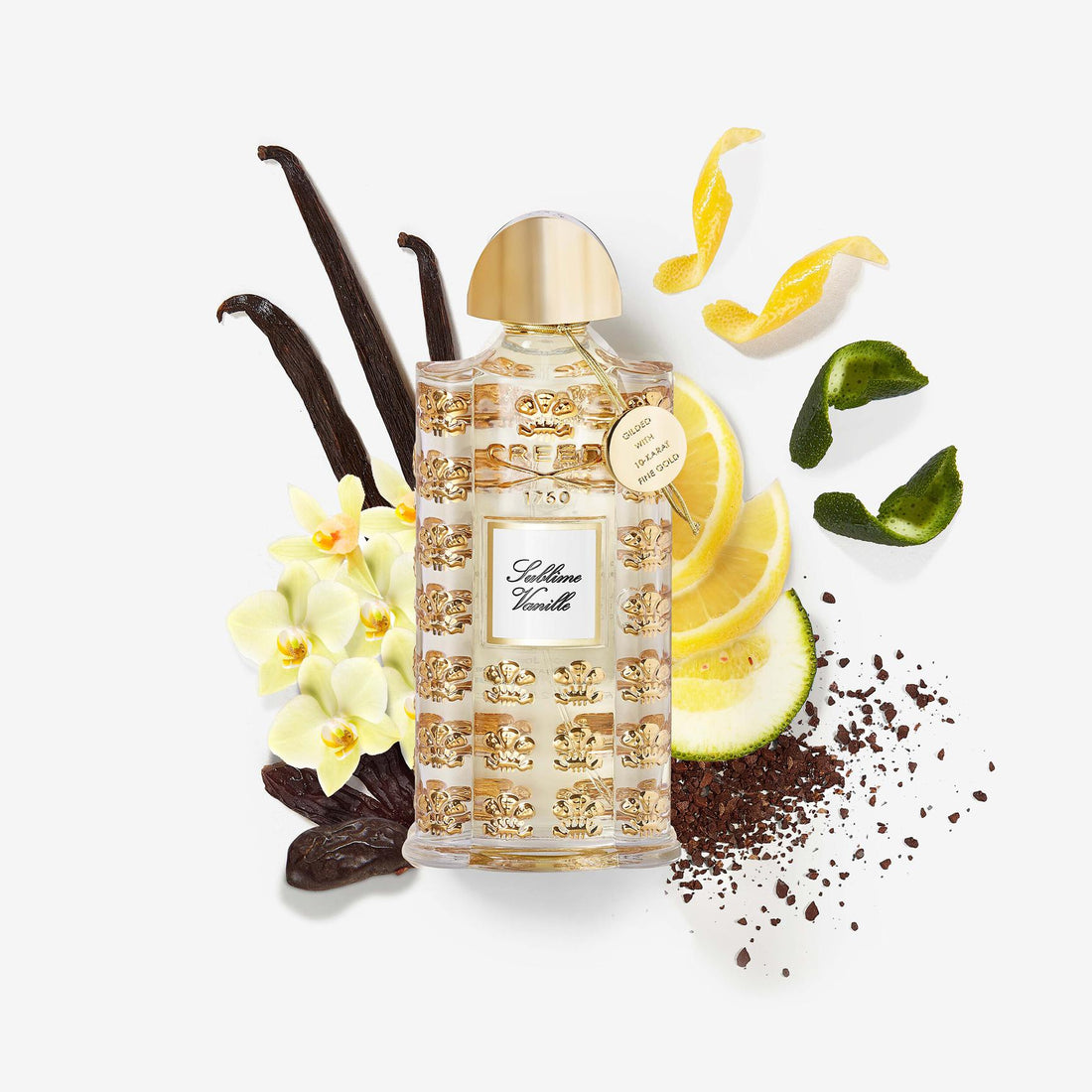Creed Sublime Vanille niche perfume bottle with gold accents and elegant design