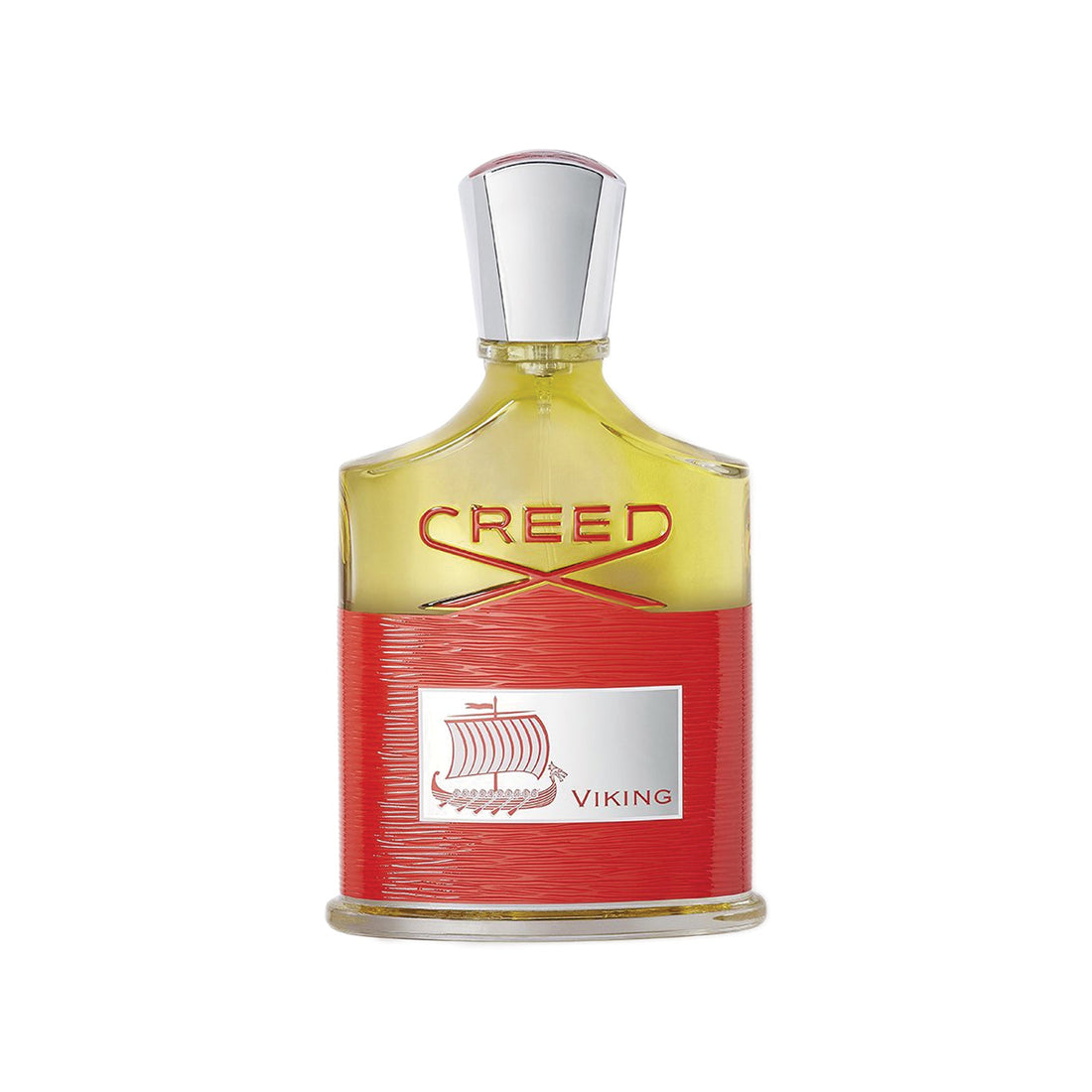 Creed Viking 100ml perfume bottle with red label and silver cap showcasing a Viking ship design