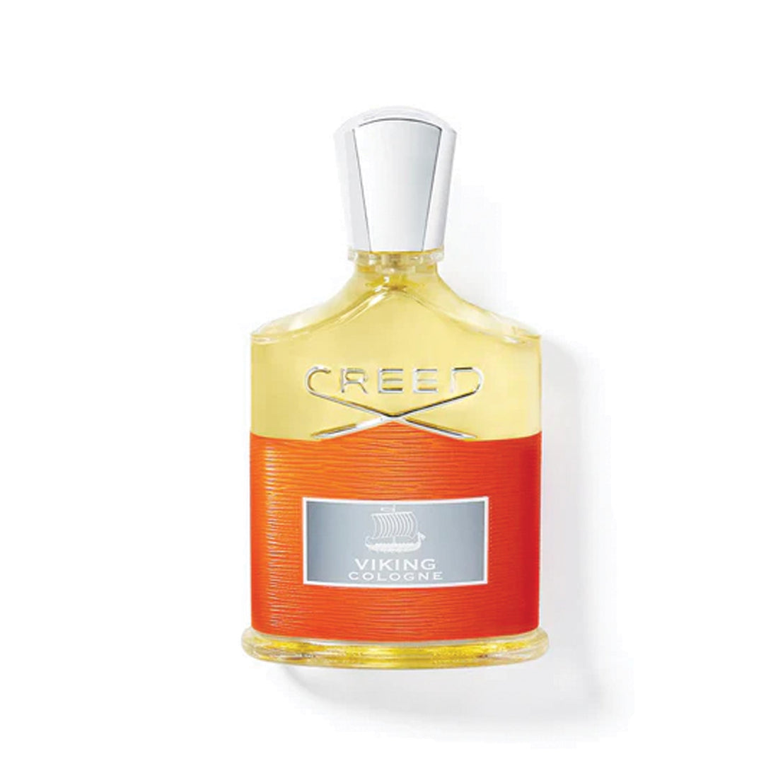 Creed Viking Cologne 100ml bottle with silver cap and orange label featuring Viking ship design