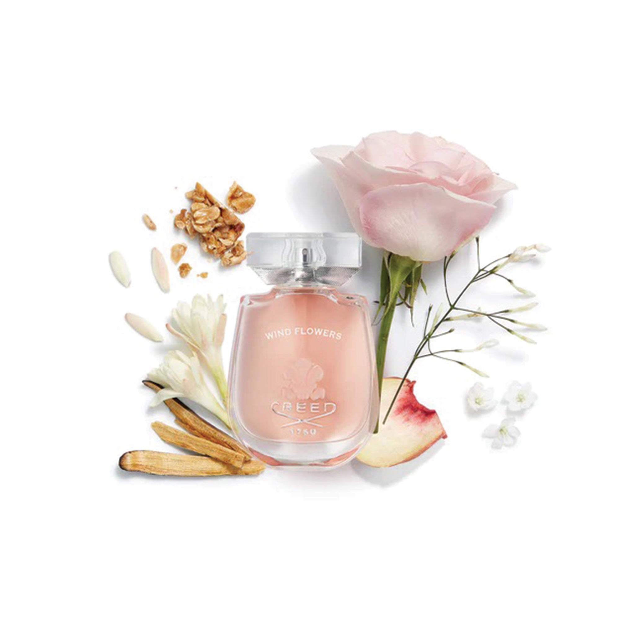 Creed Wind Flowers perfume 75ml bottle with pink rose and floral ingredients on white background