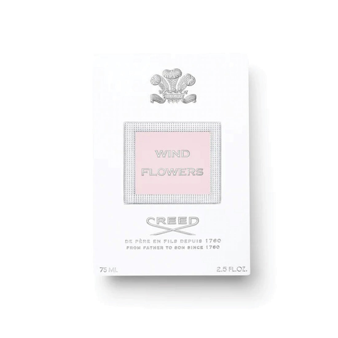Clear glass bottle of Creed Wind Flowers perfume 75ml with light pink fragrance inside