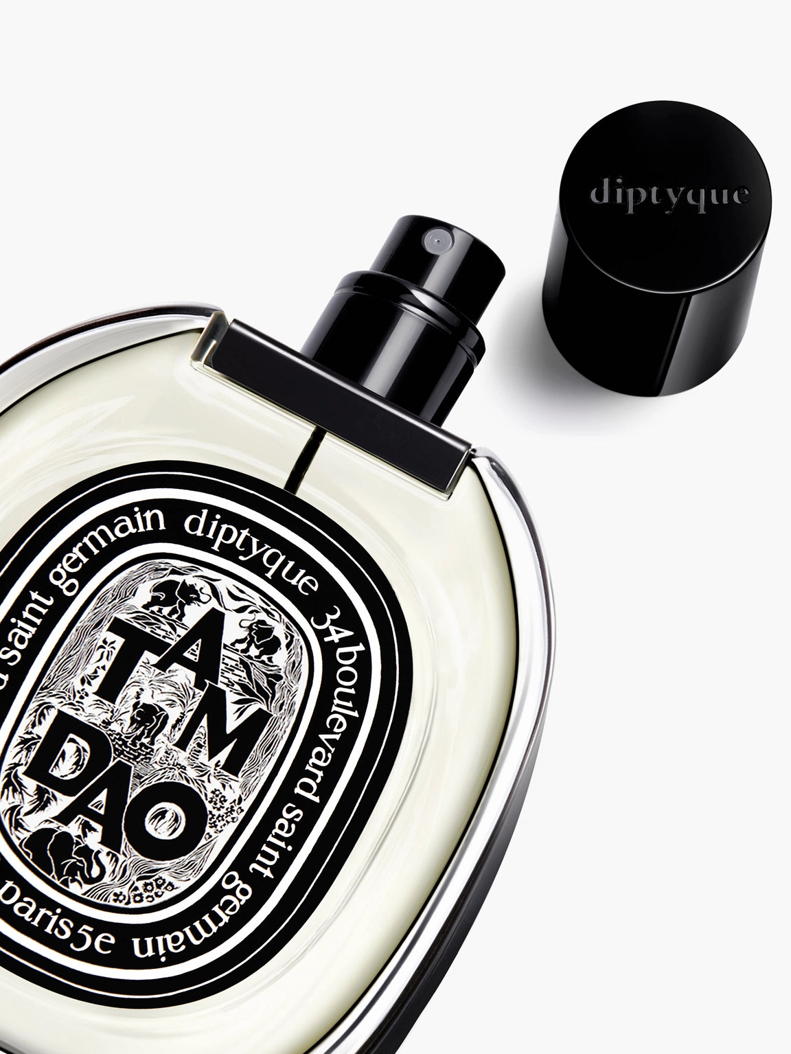 Diptyque Tam Dao Eau de Parfum 75ml bottle with elegant design and black cap for a luxurious fragrance experience