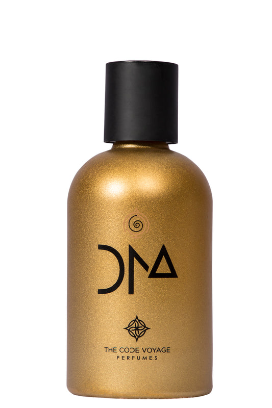 DNA niche perfume by THE CODE VOYAGE in a gold bottle for distinctive fragrance lovers