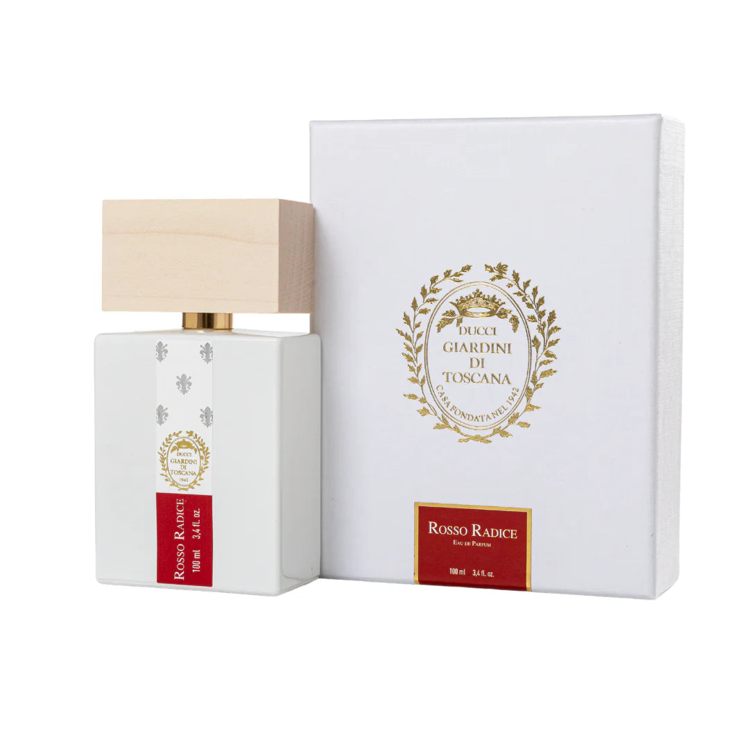 Giardini Di Toscana Rosso Radice perfume bottle with white body and wooden cap