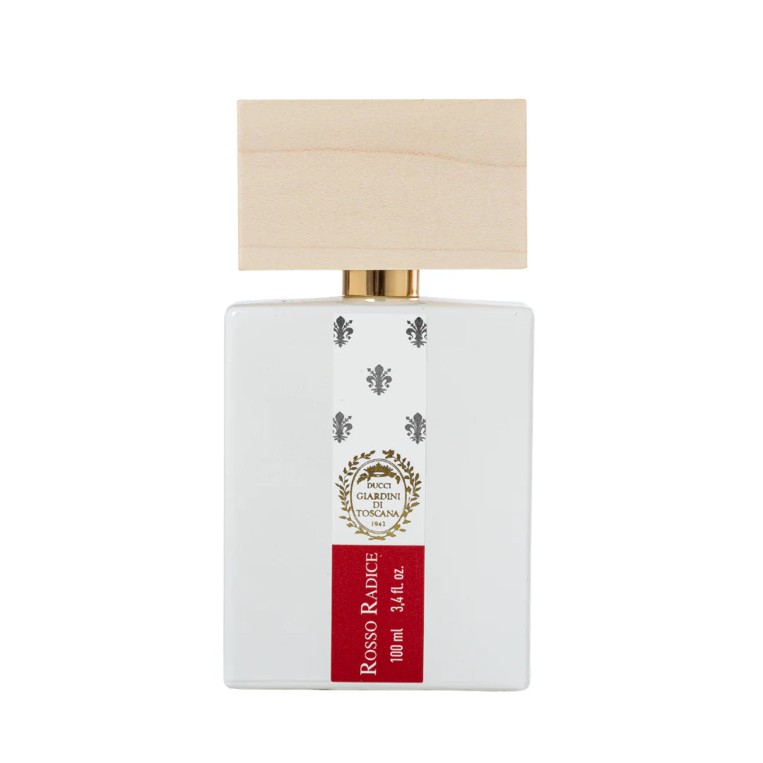 Giardini Di Toscana Rosso Radice perfume bottle with white body and wooden cap