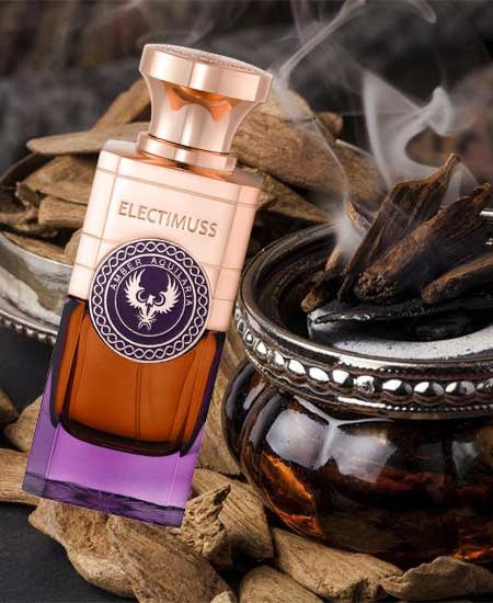 ELECTMUSS Electimuss Amber Aquilaria perfume bottle with natural ingredients and amber-colored liquid