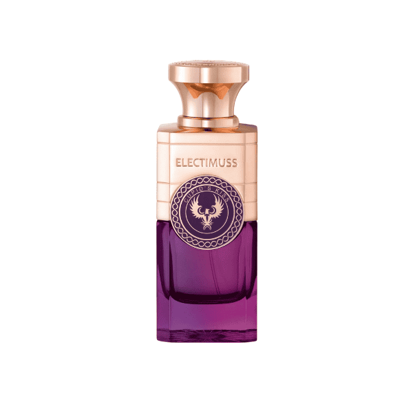 Electimuss Cupid Kiss perfume bottle with purple base and gold cap elegant fragrance design