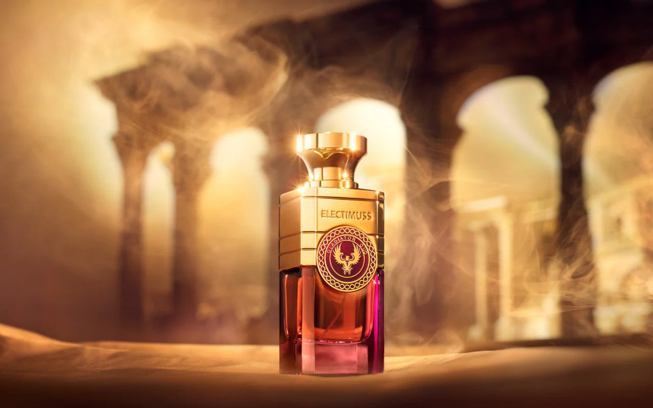 Electimuss Gladiator Oud 100ml perfume bottle with gold and purple design in a mystical smoky setting