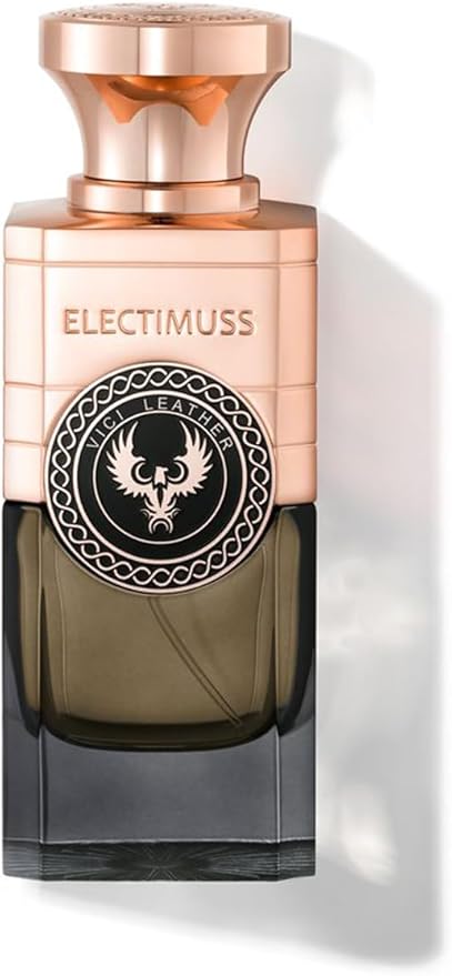 Electimuss Vici Leather perfume bottle with black and rose gold design and leather emblem