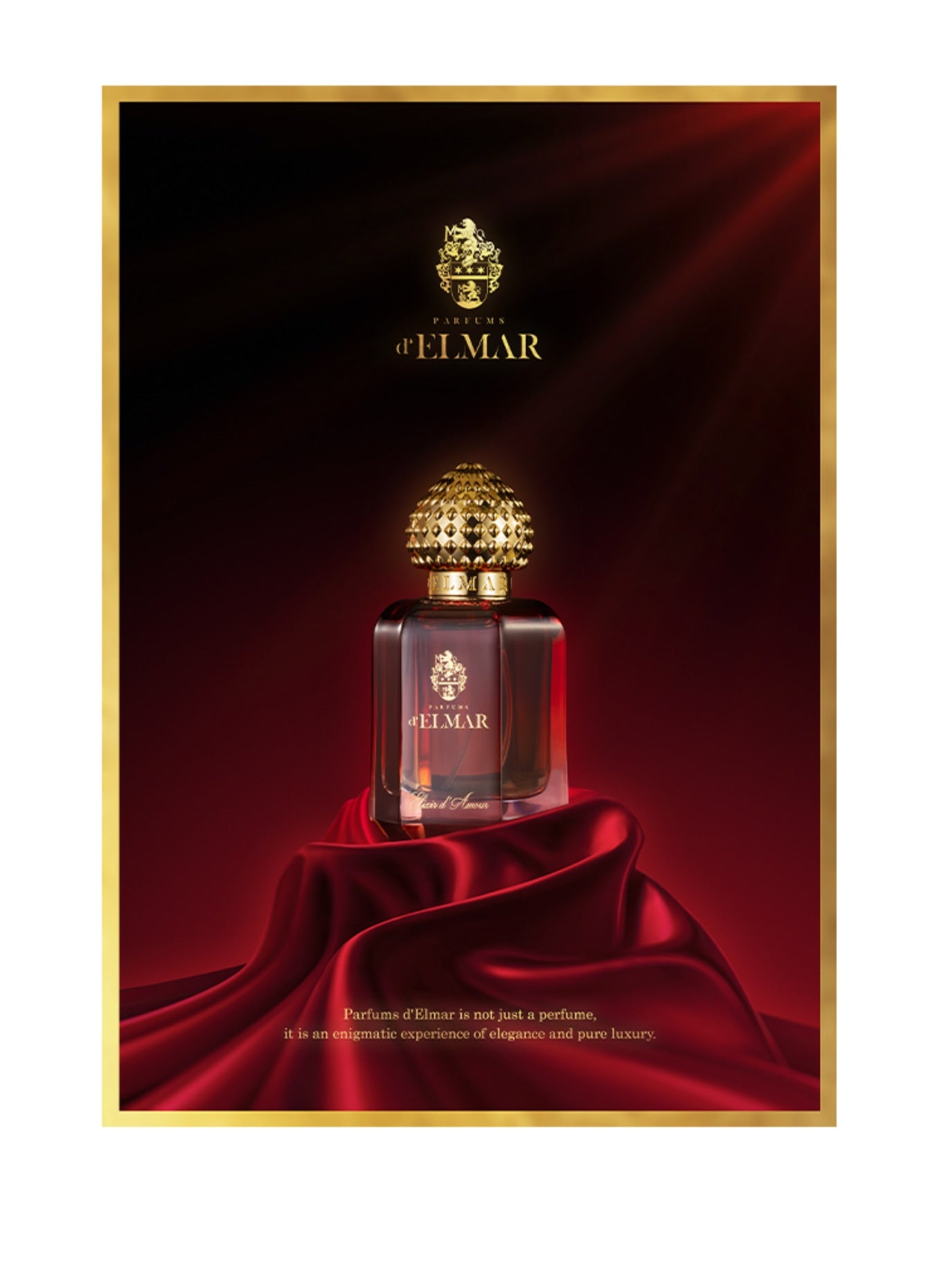 DELMAR Elixir D’Amour niche perfume bottle with gold studded cap on red silk fabric