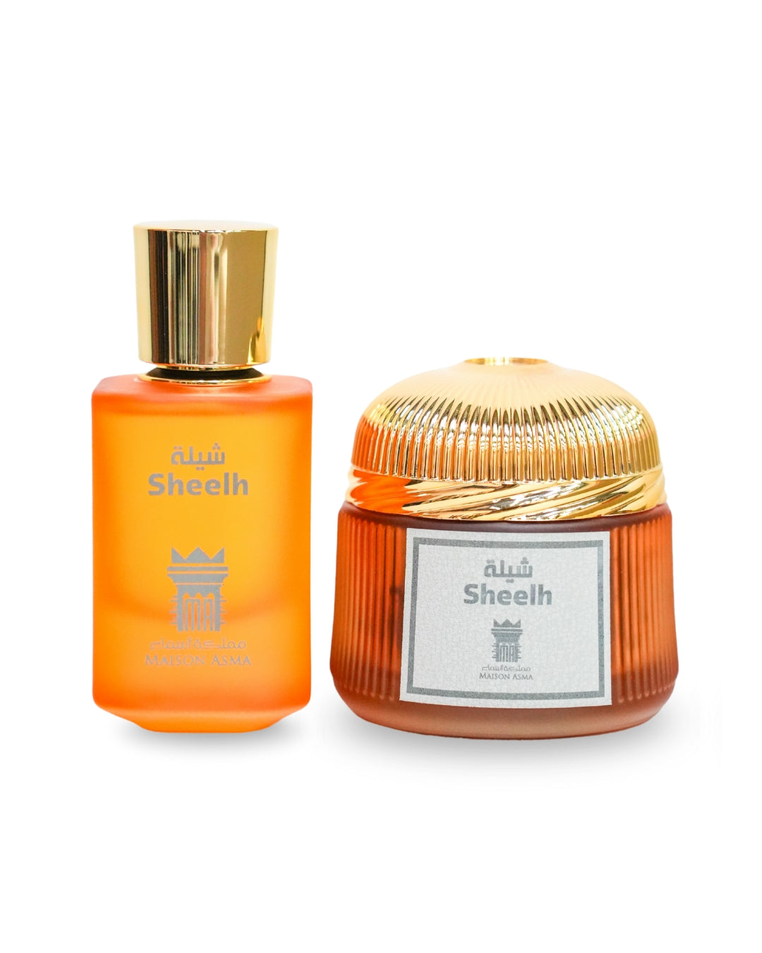 Maison Asma Sheelh perfume set from the Emirati niche perfume collection with gold and orange packaging
