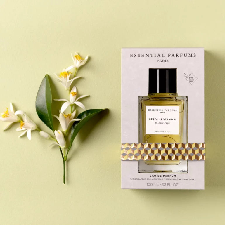 Essential Parfums Neroli Botanica 100ml perfume bottle and packaging with neroli flowers and green leaves