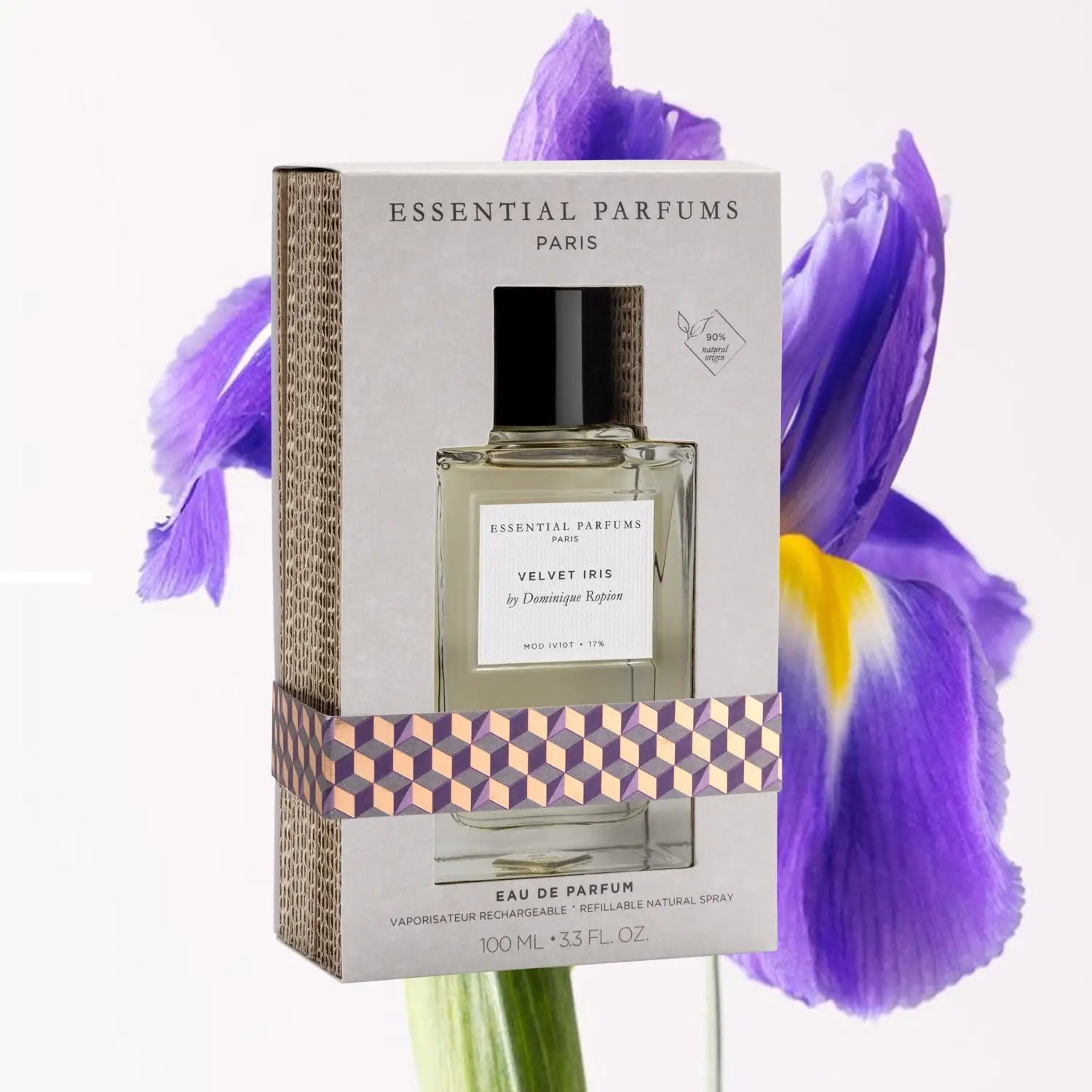 Essential Parfums Velvet Iris EDP Eau de Parfum 100ml with floral iris background by Essential Parfums Paris