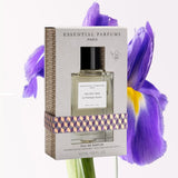 Essential Parfums Velvet Iris EDP Eau de Parfum 100ml with floral iris background by Essential Parfums Paris