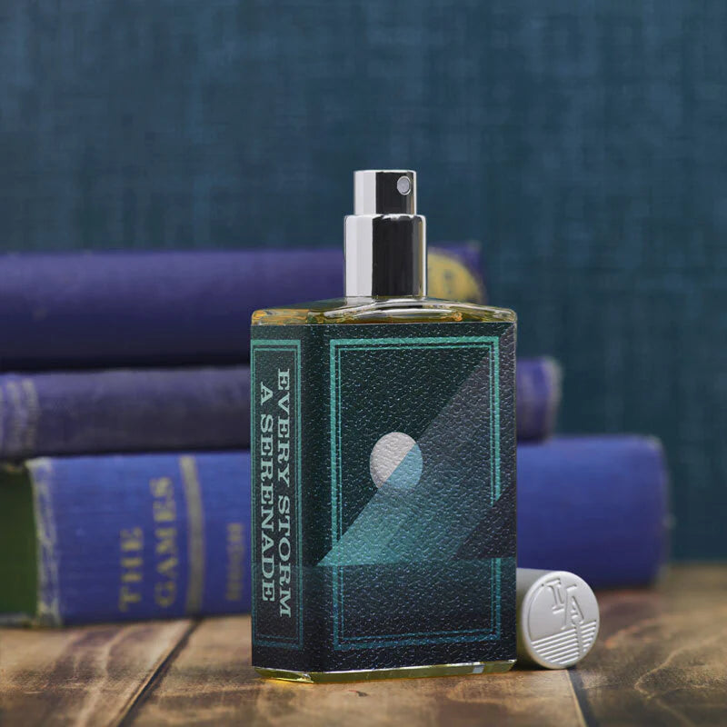 Imaginary Authors Every Storm A Serenade perfume bottle with modern geometric design and silver cap