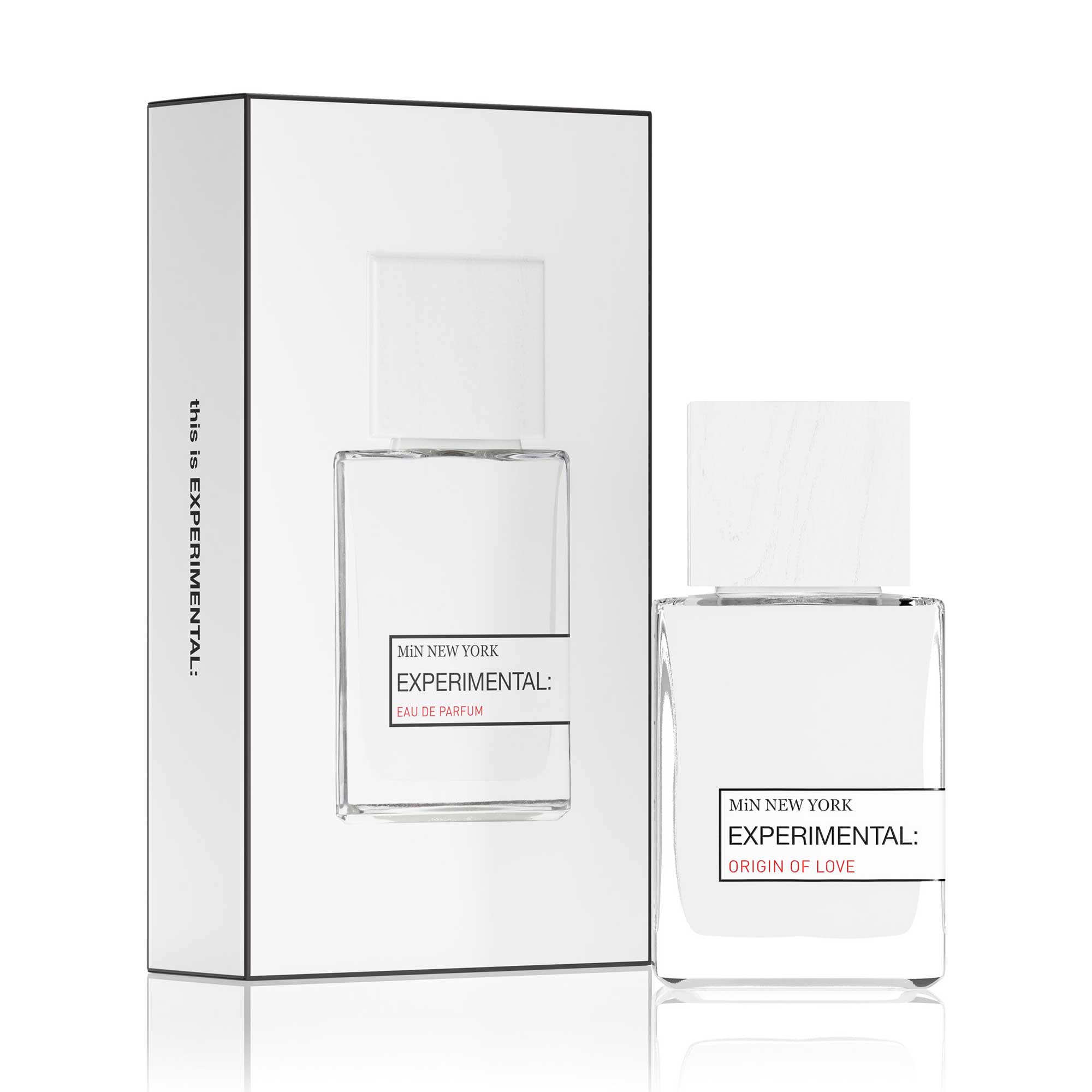 MiN NEW YORK Experimental Origin of Love fragrance bottle with matching white box packaging