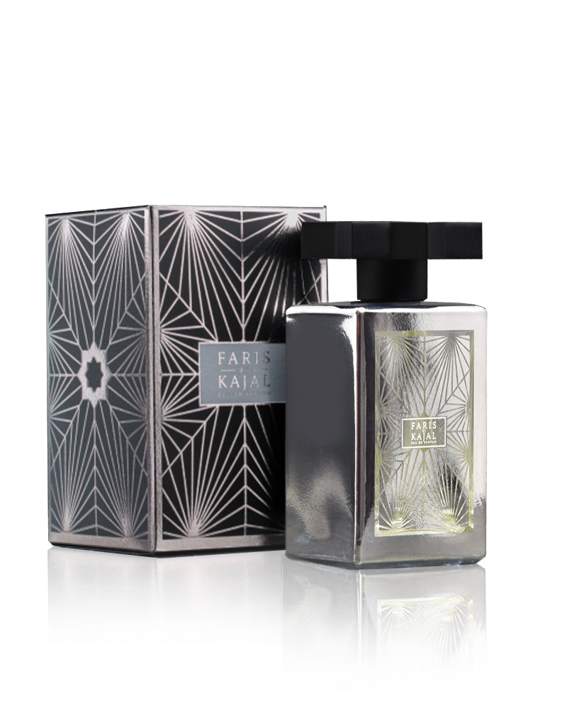 Faris by Kajal perfume bottle with black and silver geometric design and matching decorative box