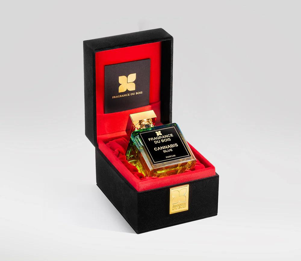 Fragrance Du Bois Cannabis perfume in luxurious box with red lining and gold accents