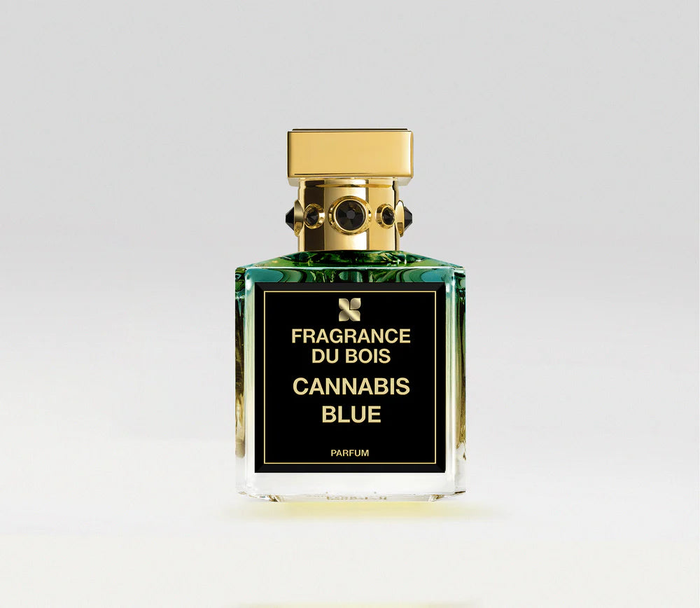Fragrance Du Bois Cannabis perfume in a luxurious bottle with a gold cap and green accents