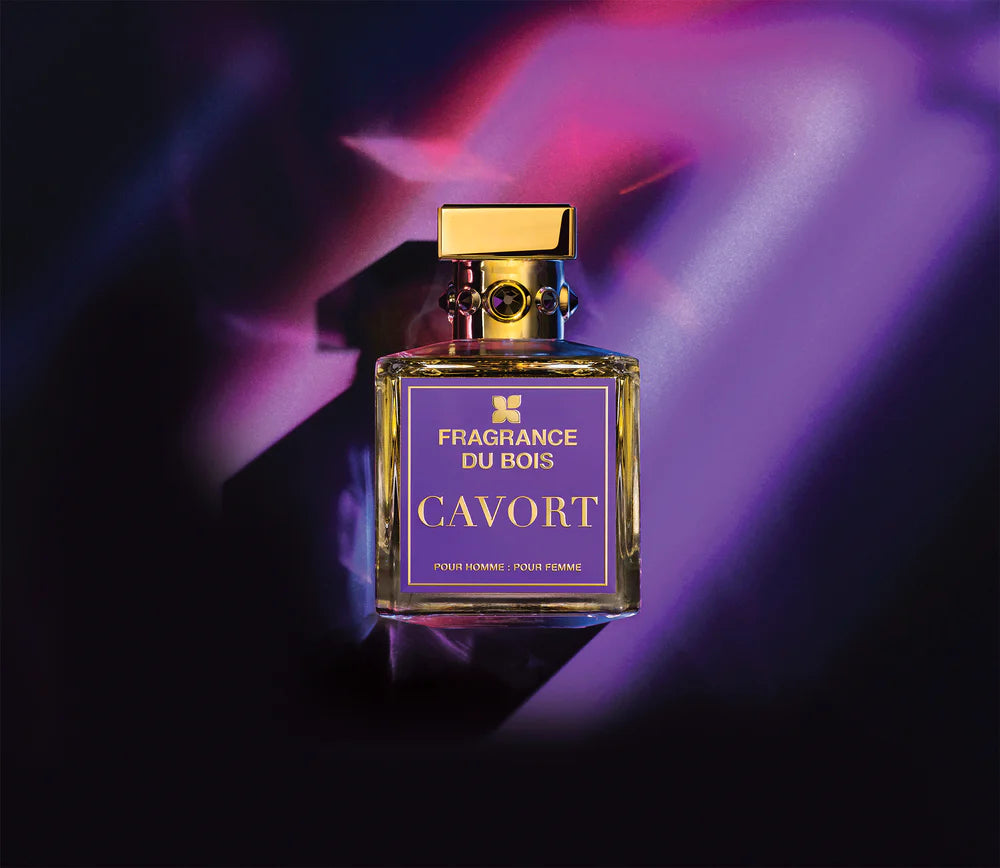 Fragrance Du Bois Cavort perfume bottle with elegant design and golden cap on a colorful background