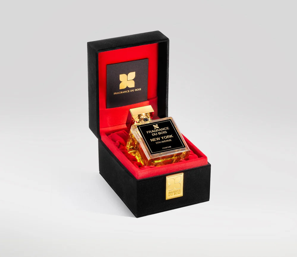 Fragrance Du Bois New York 5th perfume in a luxury black box with red velvet interior
